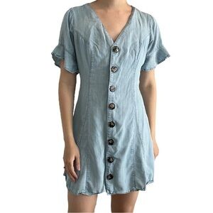 Miss Me Chambray Denim Mini Dress Light Blue Tie 90s Casual Fairy Size Medium